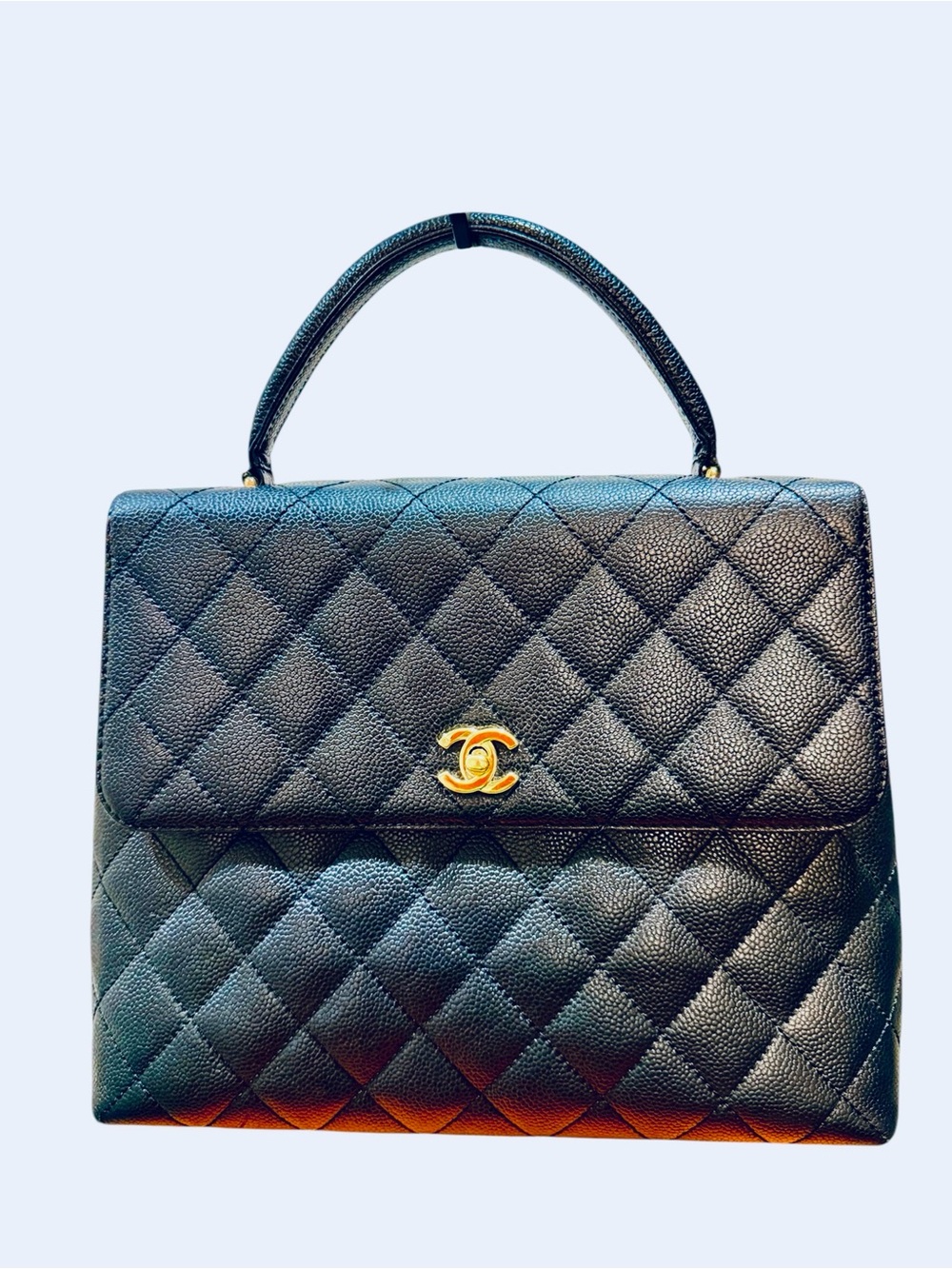 CHANEL Black Quilted Top Handle Flap Bag with Gold CC